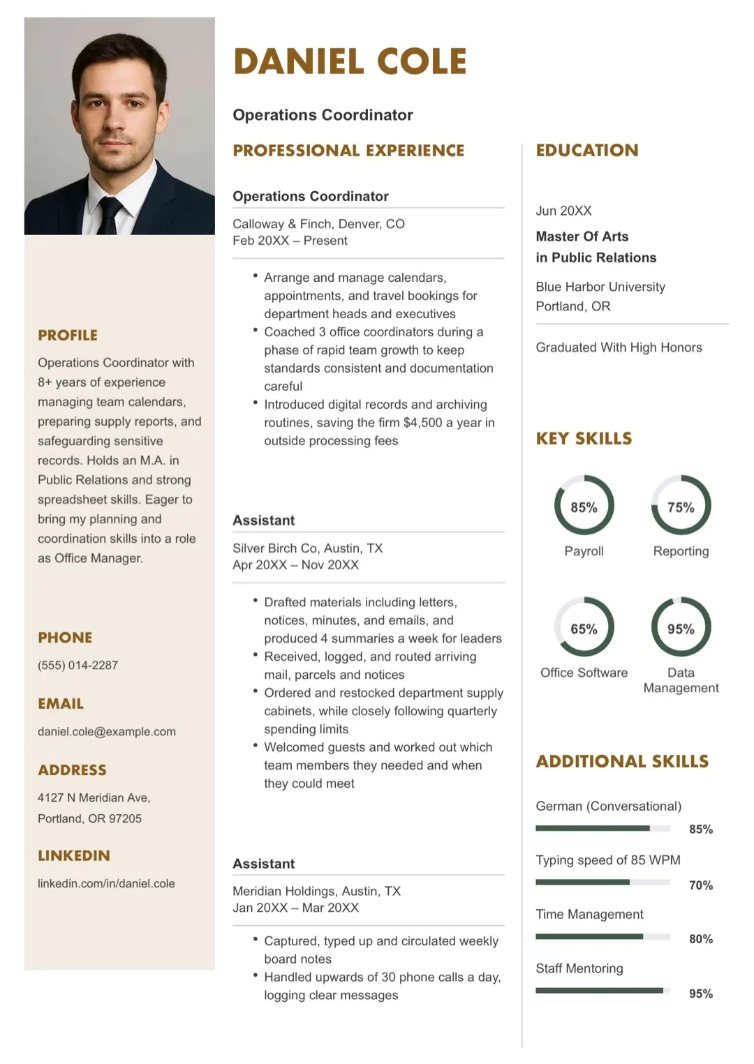Orange Two-Column CV with Photo and Skill Bars