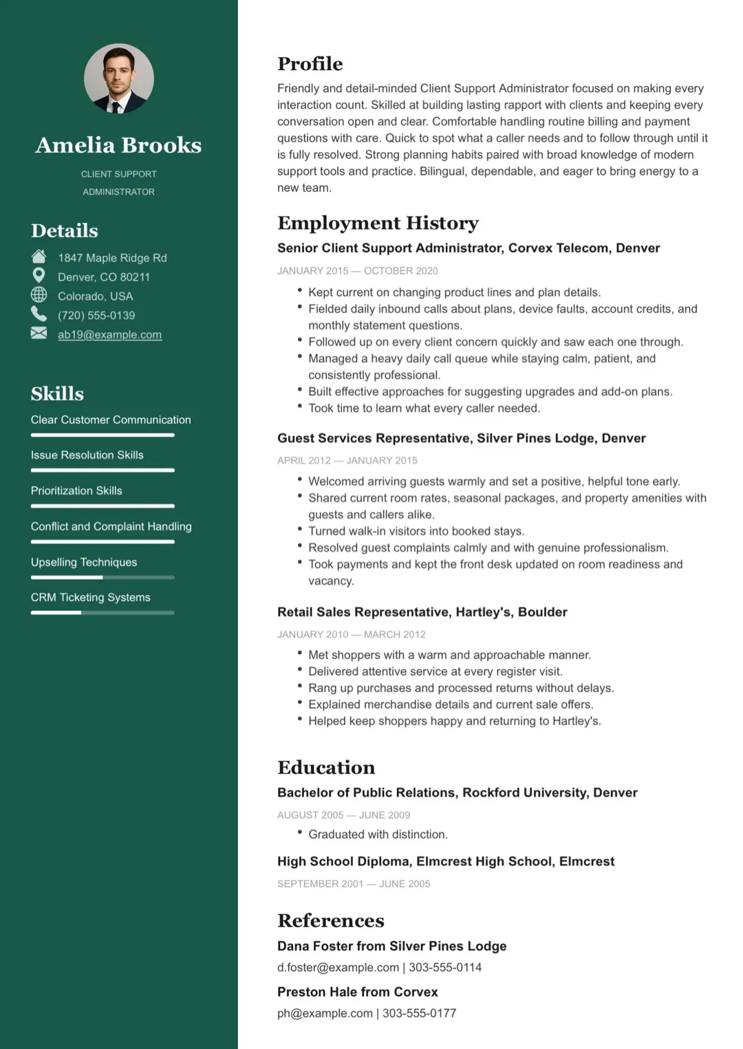 Deep Teal Two-Column CV with Photo and Skill Bars