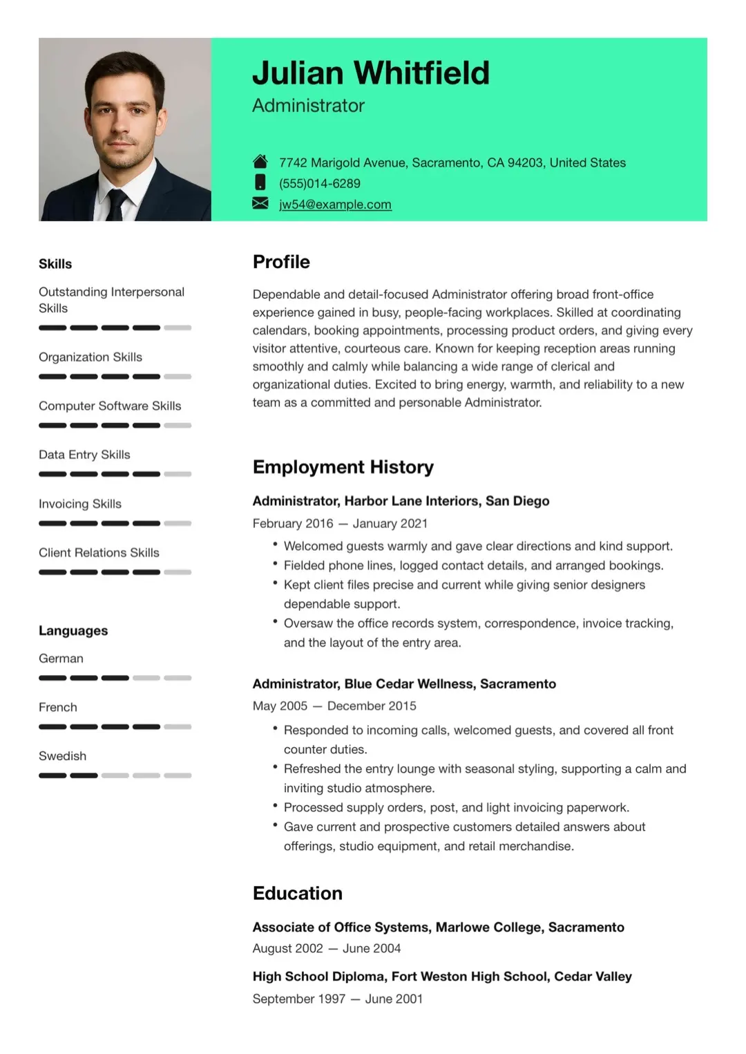 Teal CV Template with Photo and Skill Bars