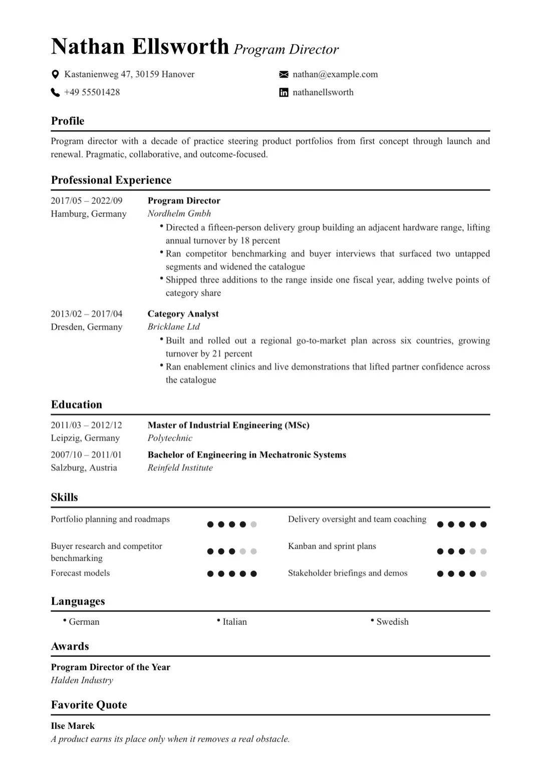 Black and White Simple CV with Skill Bars