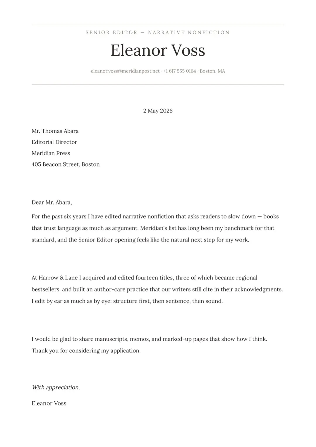 Black and White Minimal Cover Letter Layout