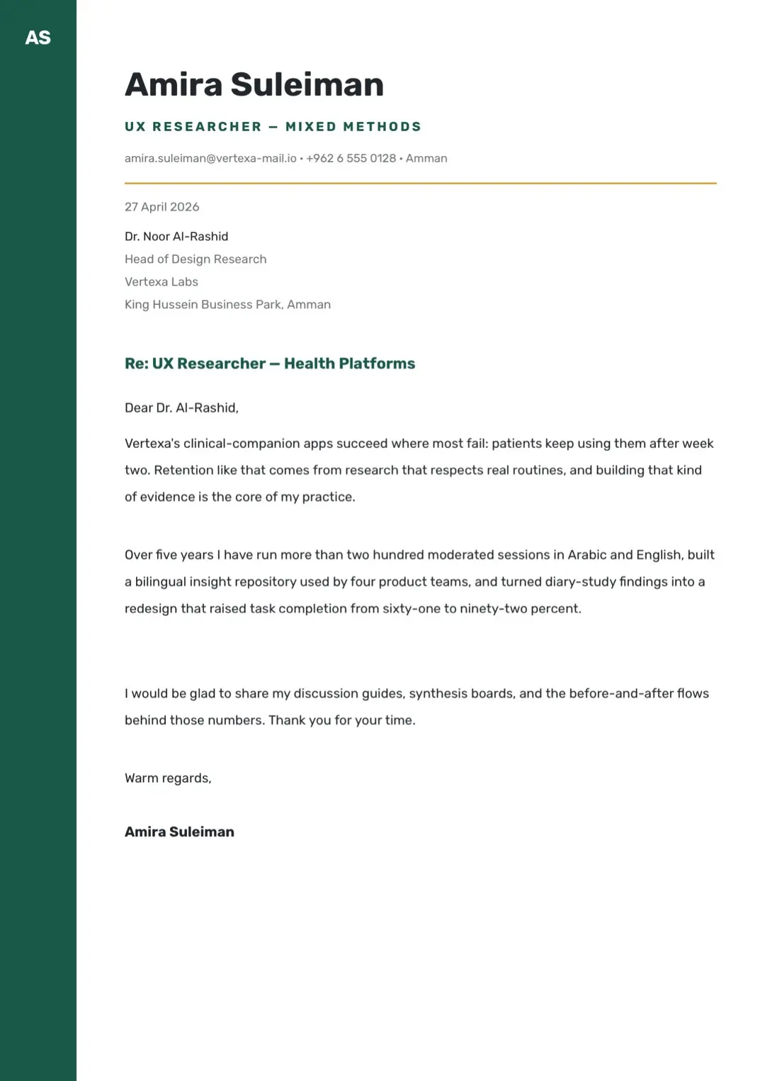 Deep Teal Two-Column Cover Letter Template