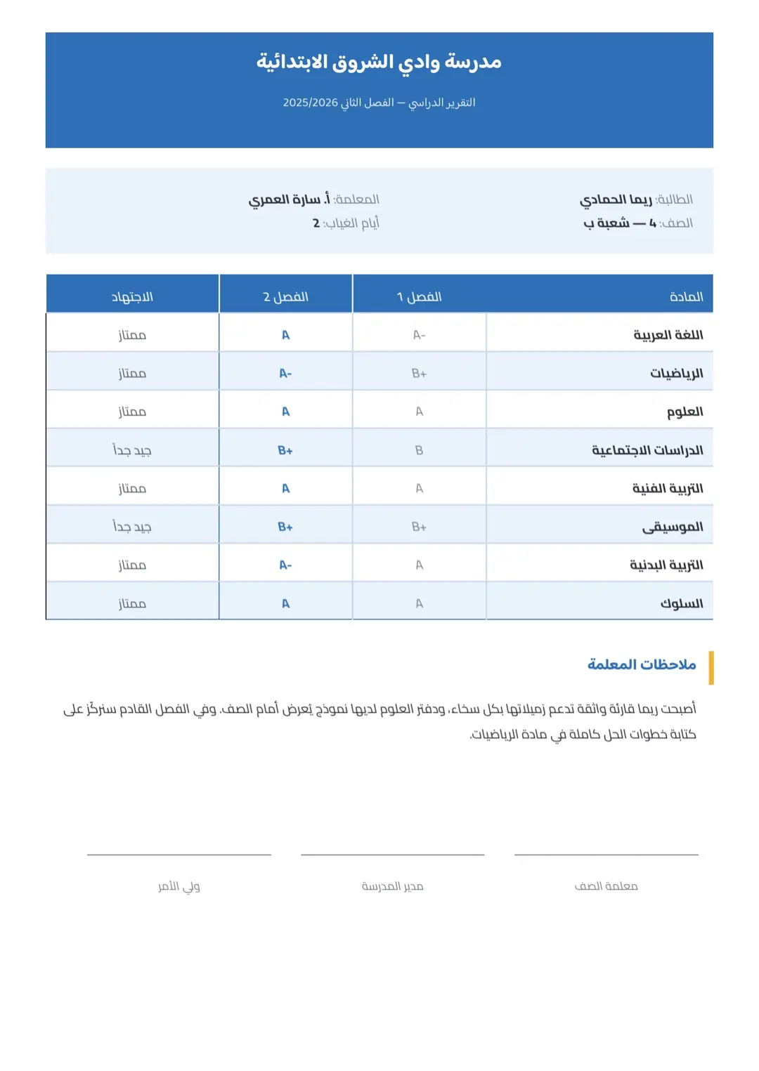 قالب شهادة درجات أزرق بجداول