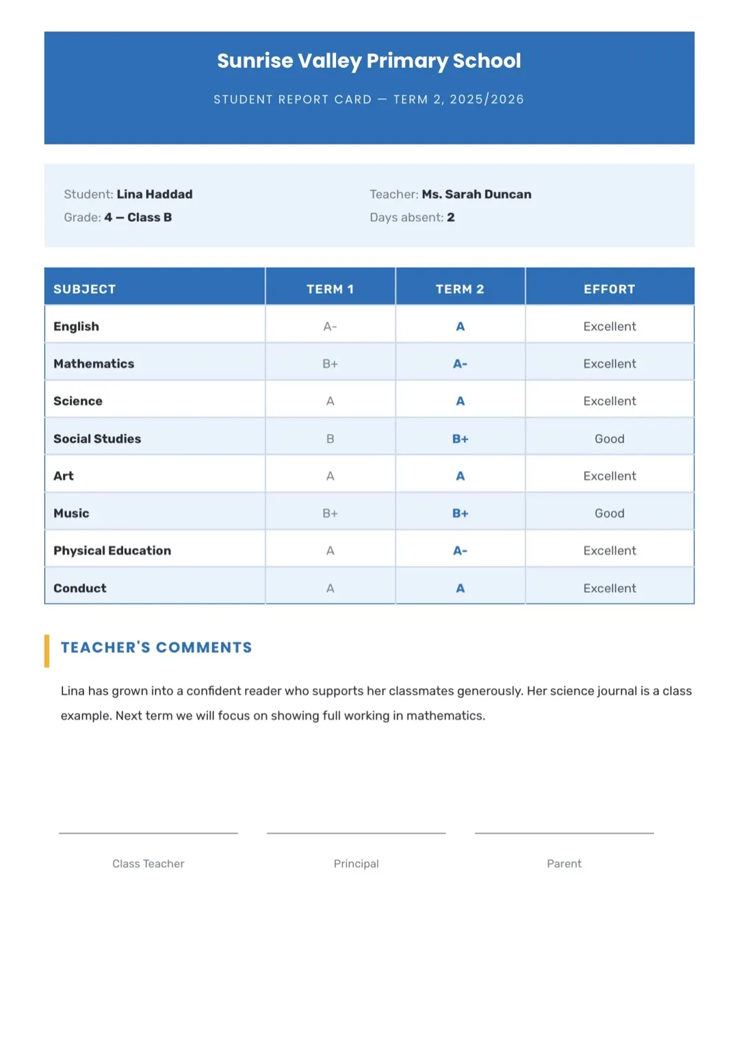 Blue Report Card Template with Tables