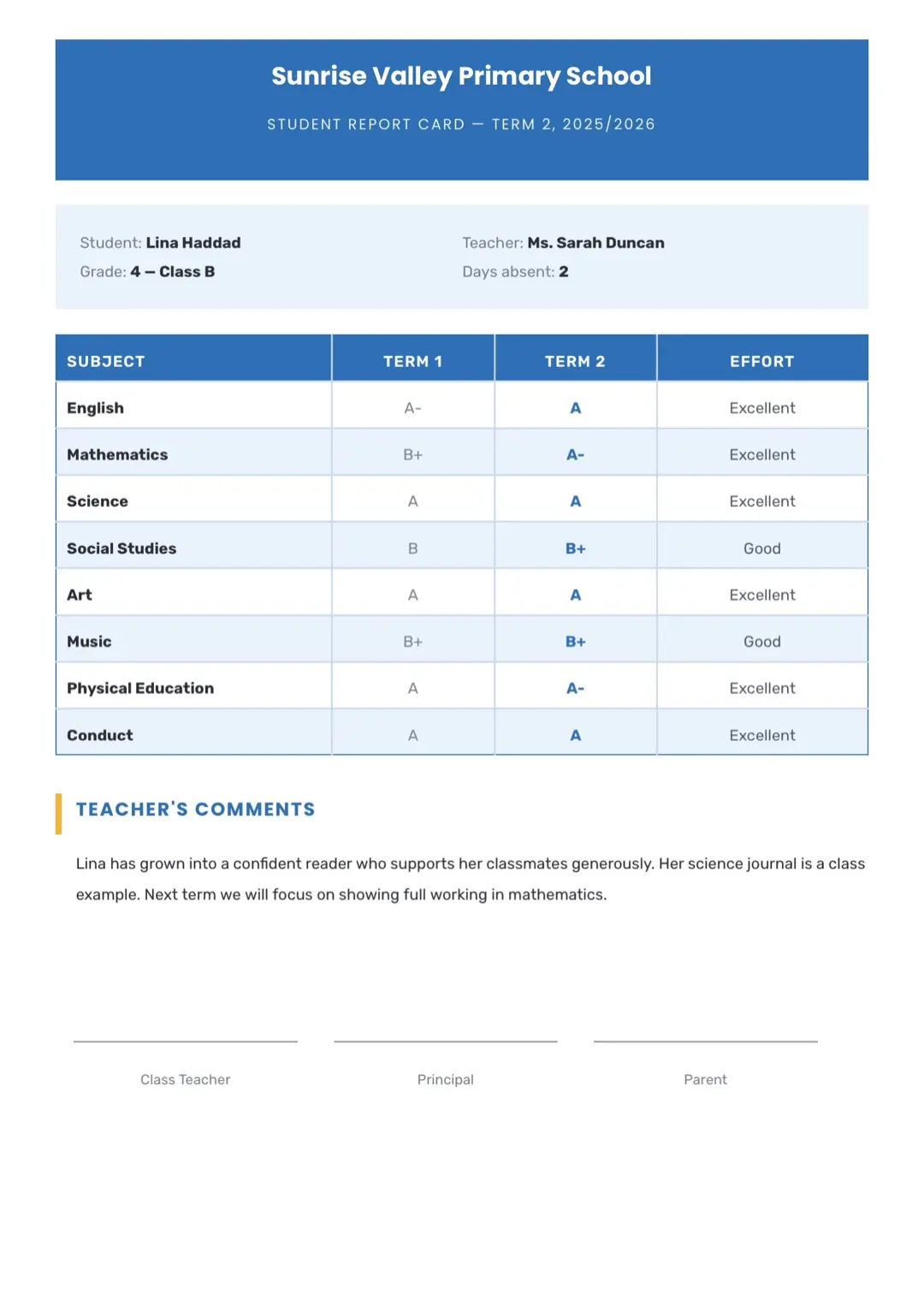 Blue Report Card Template with Tables