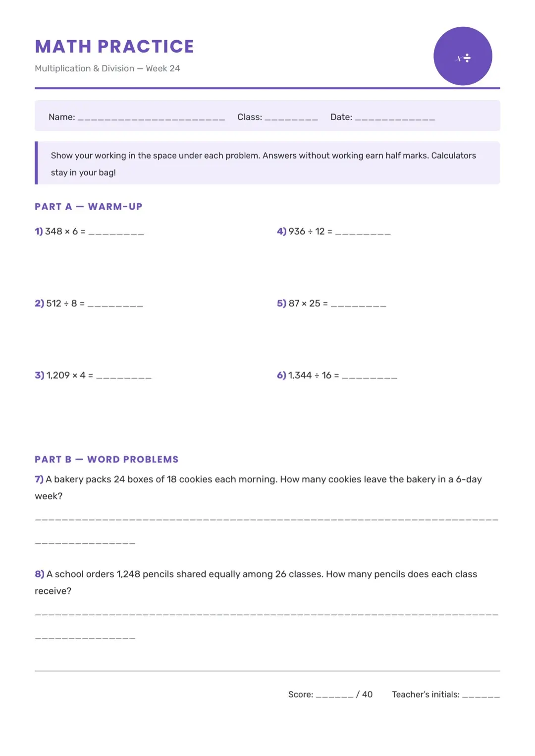 Purple Professional Worksheet Template