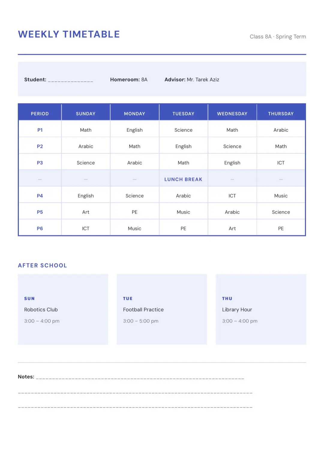 Blue Planner Template with Tables