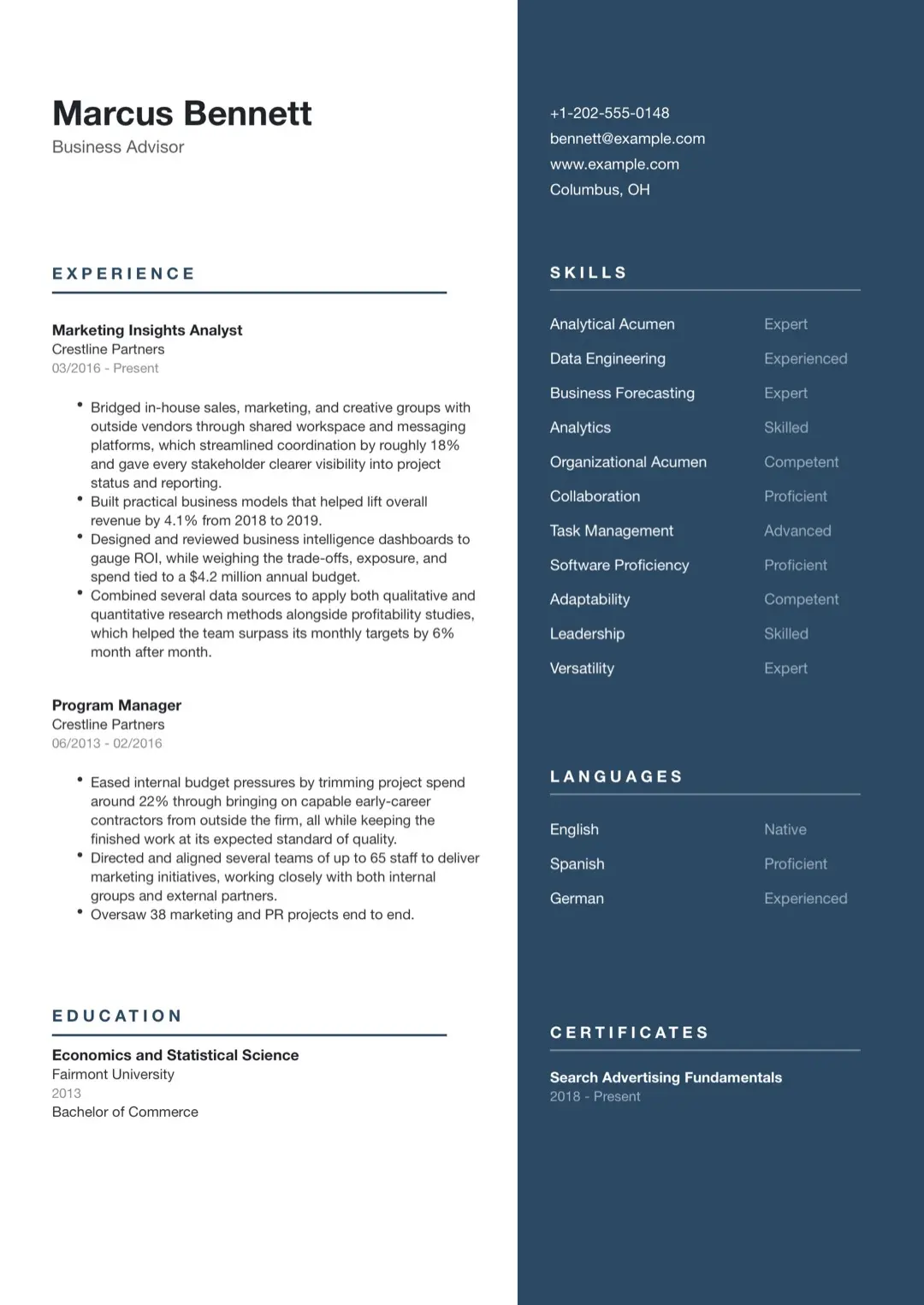 Navy Two-Column CV Template