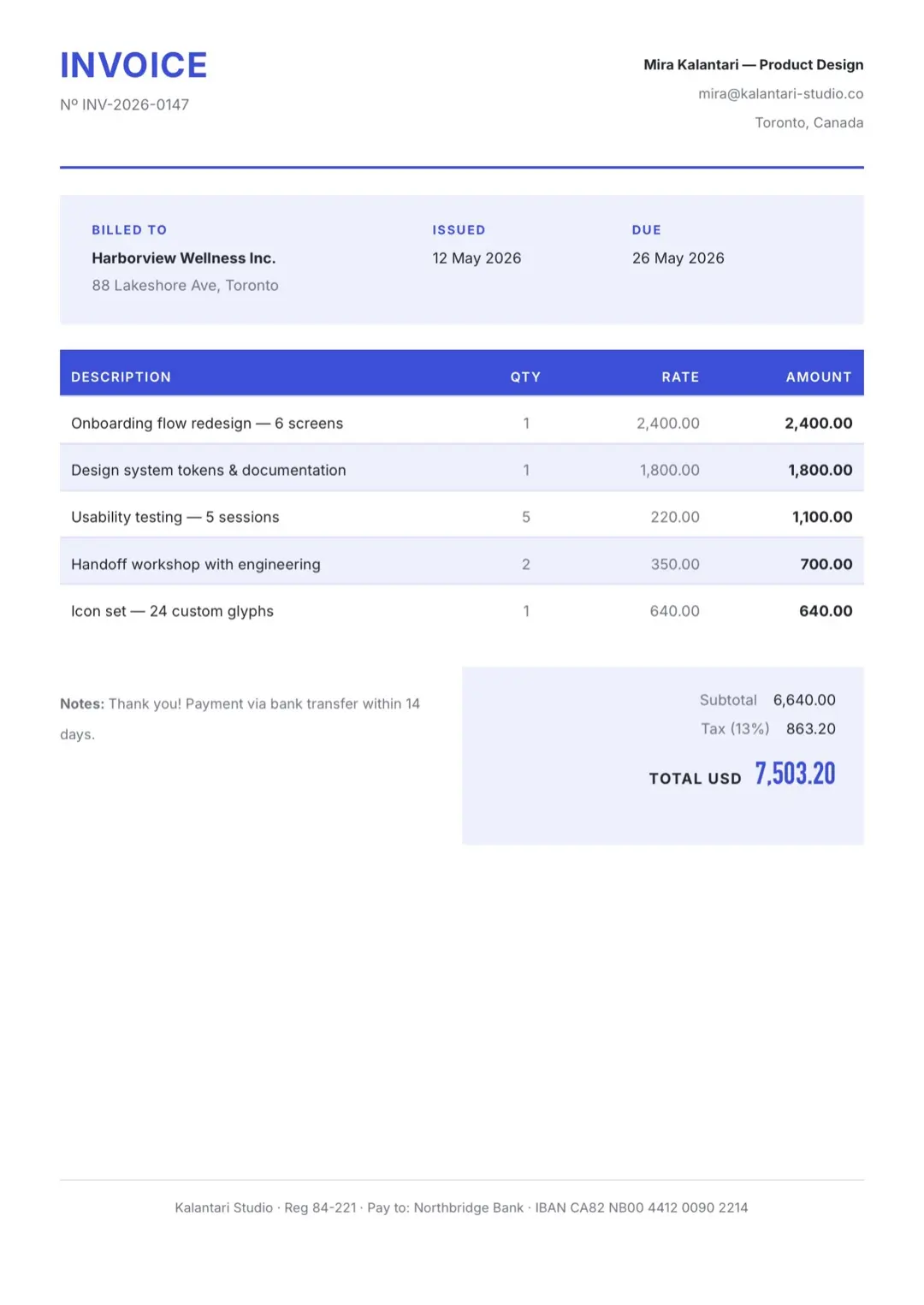 Blue Invoice Template with Tables