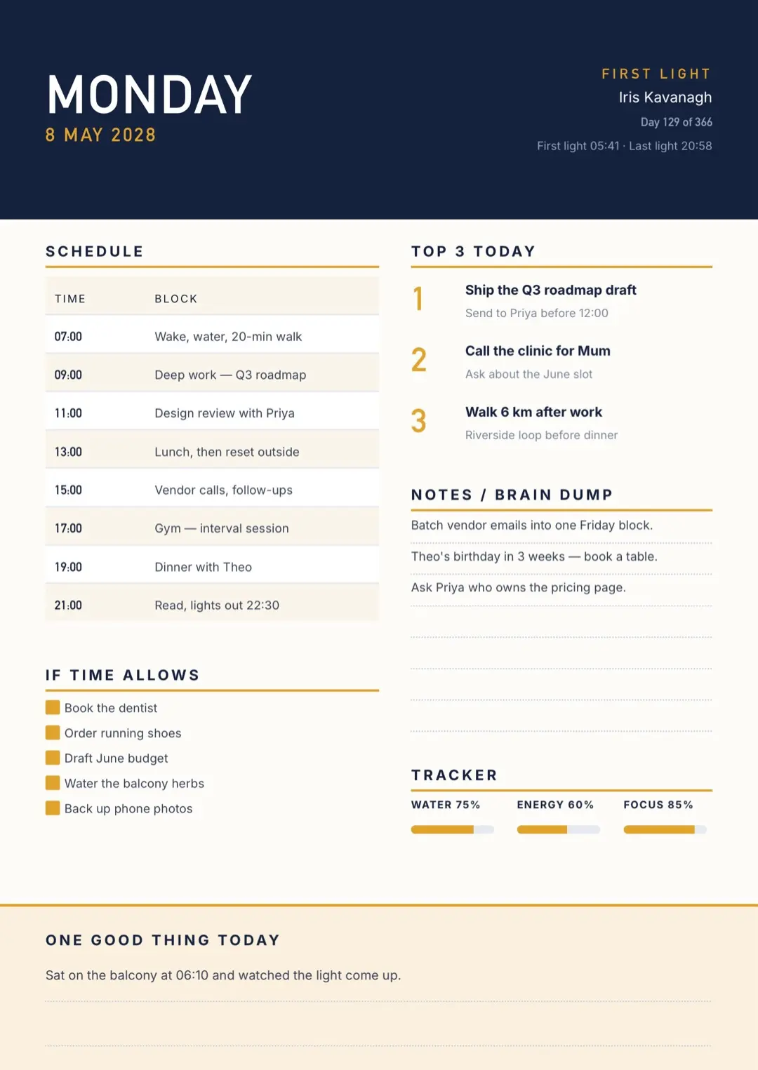 Navy Planner Template with Skill Bars and Tables