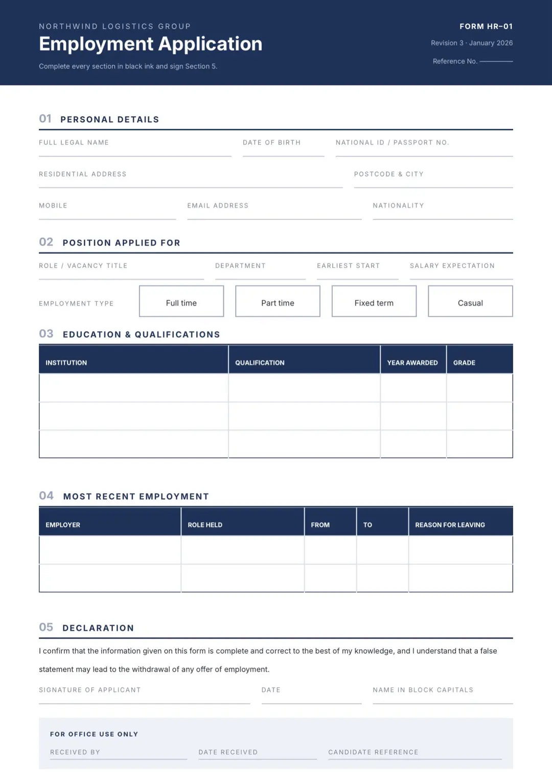 Navy Application Form Template with Tables