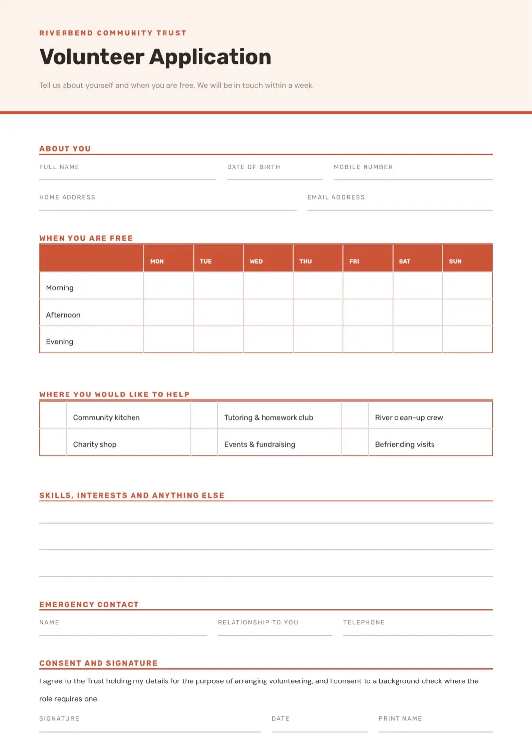 Orange Application Form Template with Tables