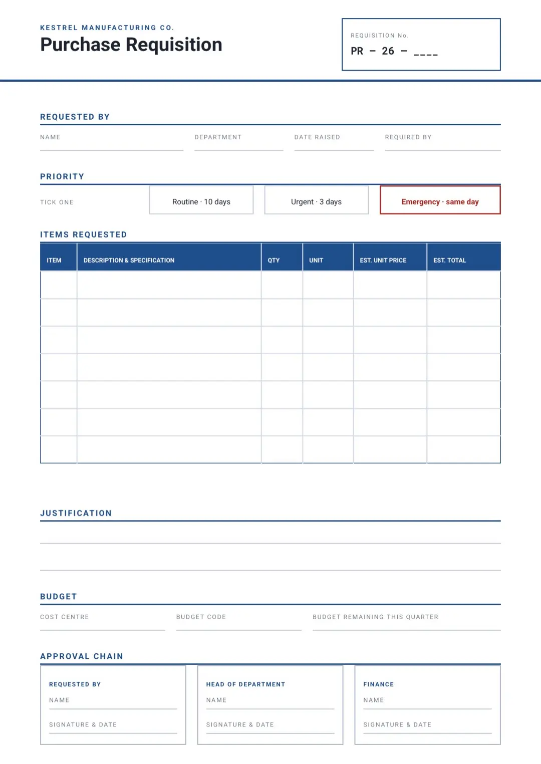 Blue Minimal Request Form with Tables