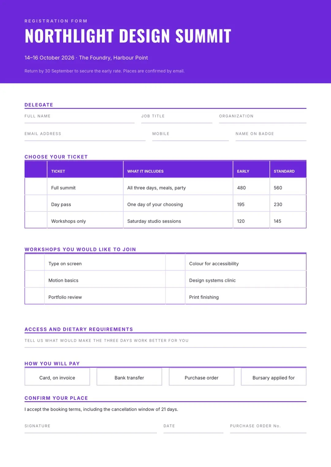 Purple Registration Form Template with Tables