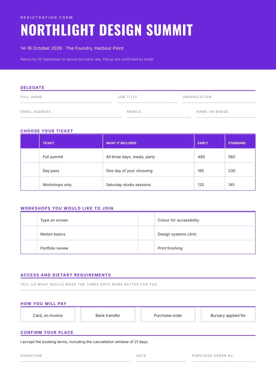 Purple Registration Form Template with Tables