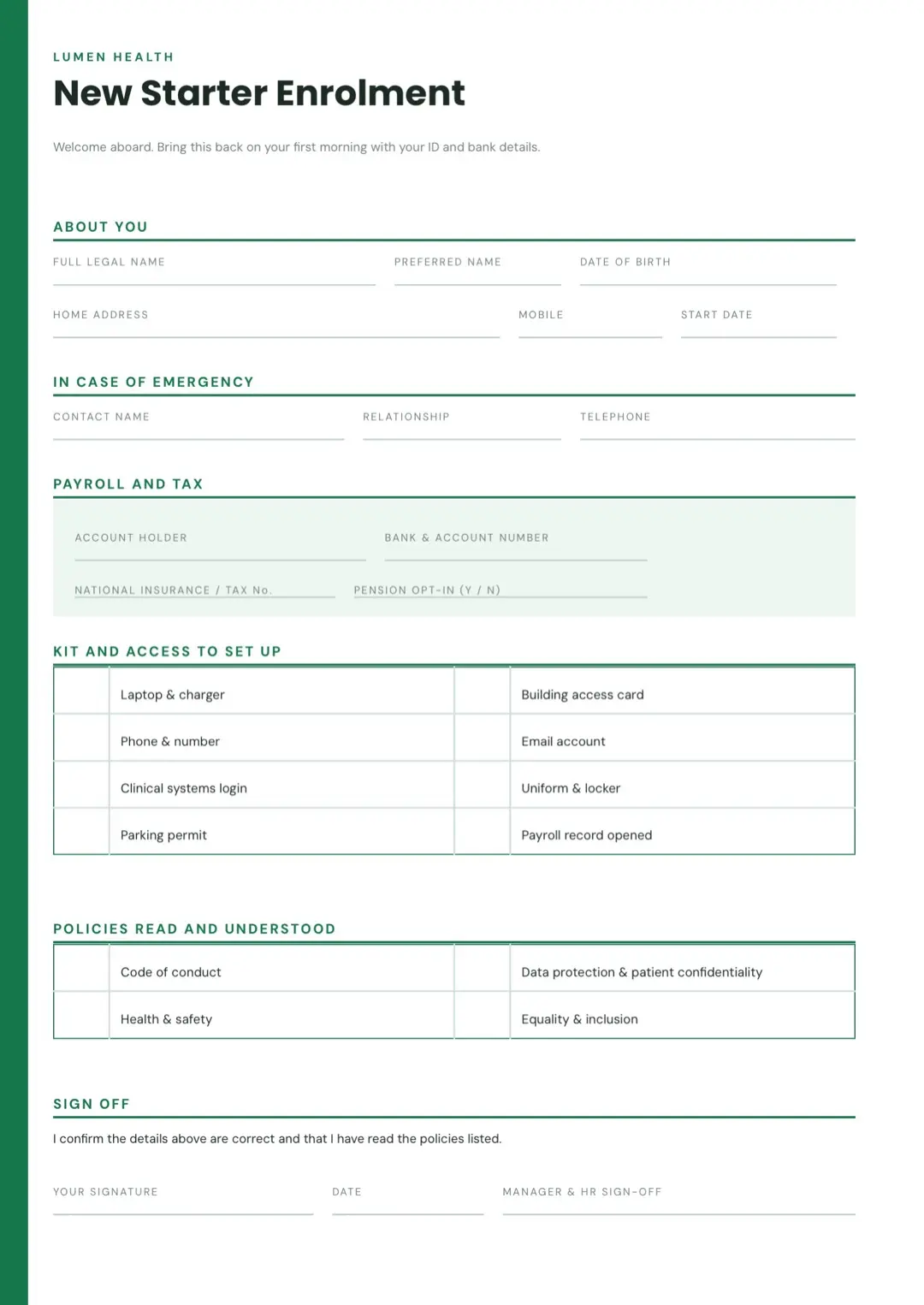 Deep Teal Registration Form Template with Tables